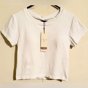 NWT Calia Women XL Cropped TShirt Ribbed White Short Sleeve Built In Bra Stretch